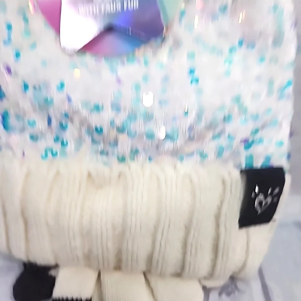Justice Girls White/CRM Sequin Ribbed Beanie w/faux fur & Gloves 2-Piece Set NWT